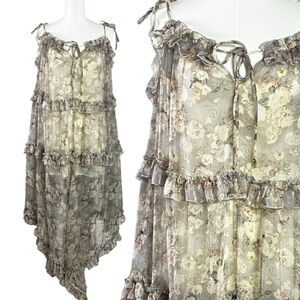 Choosy Ethereal Dainty Tiered Asymmetrical Ruffle Midi Dress Muted Floral Size 4